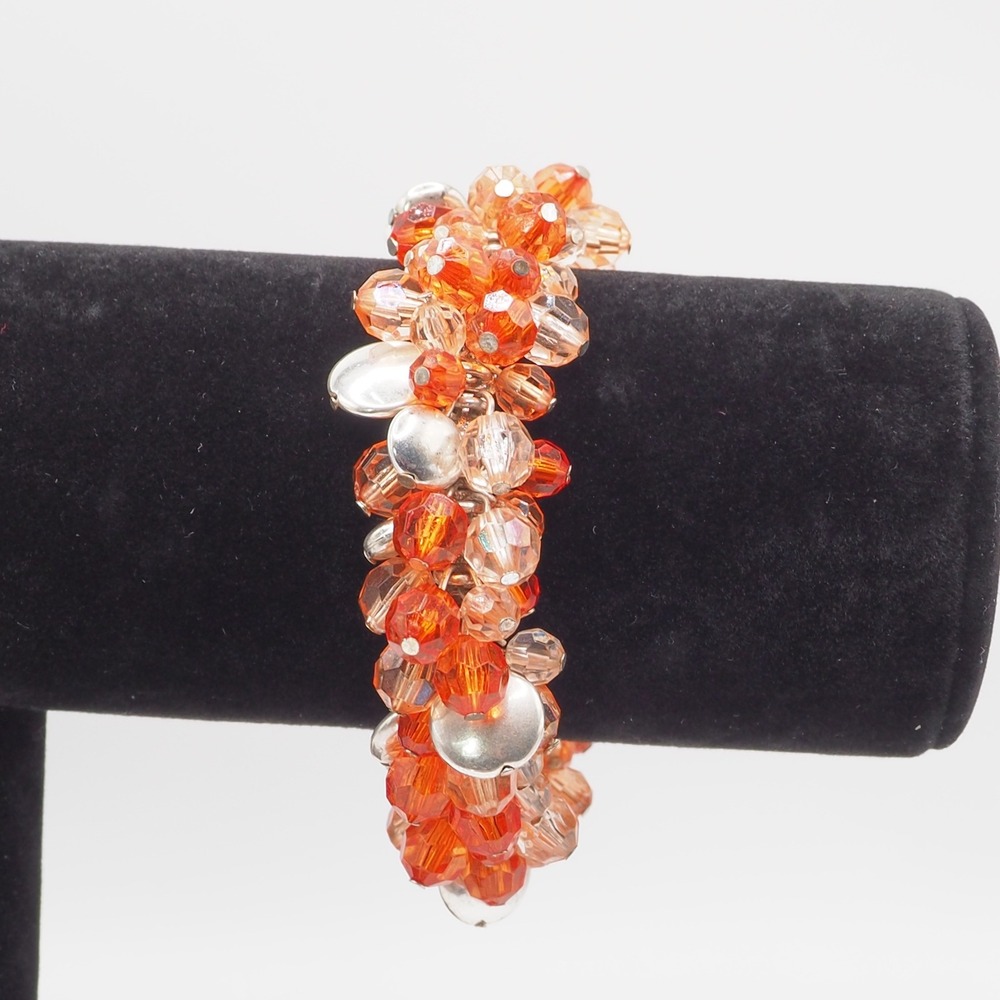 Artisan Fringe Bracelet Orange Two Tone Faceted Bead Stretch Silver Tone Charm
